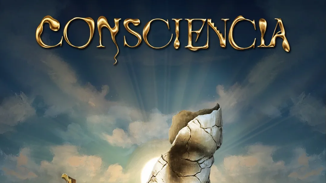 Arte do tema Consciencia, com um rosto de pedra rachado sob um céu dourado