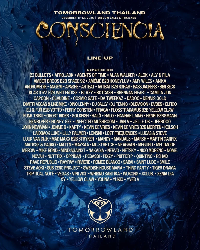 Cartaz com o lineup completo do Tomorrowland Tailândia 2026