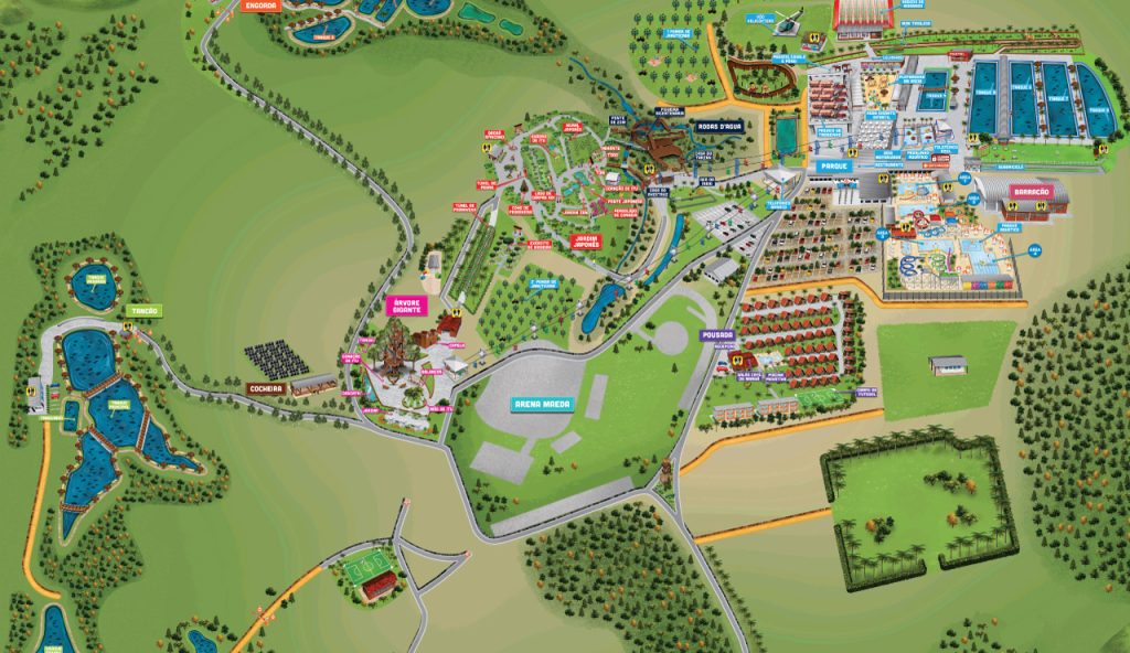 Mapa ilustrado do Parque Maeda, com a Arena Maeda no centro, os lagos de pesca à esquerda e a pousada e o parque aquático à direita