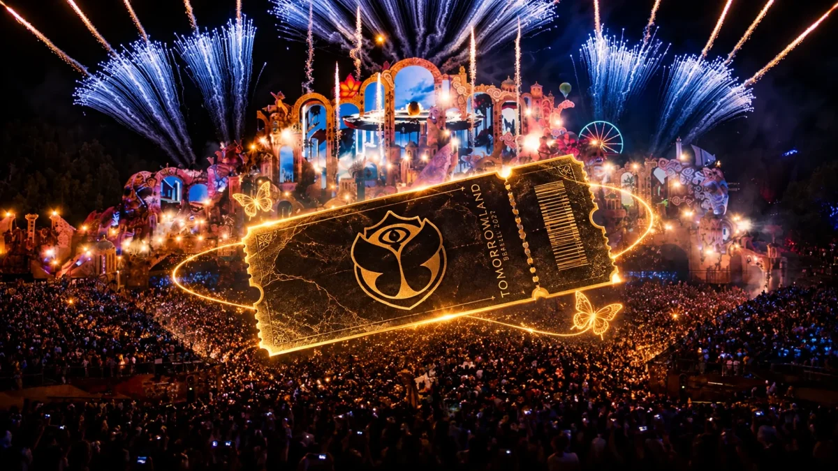 Ingresso dourado do Tomorrowland Brasil 2027 sobre o Mainstage iluminado, com fogos de artifício e o público em frente ao palco